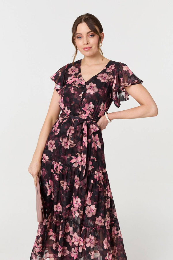 Floral Angel Sleeve Tie Waist Maxi Dress