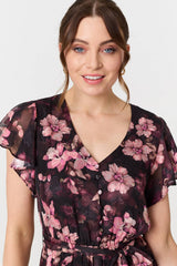 Floral Angel Sleeve Tie Waist Maxi Dress