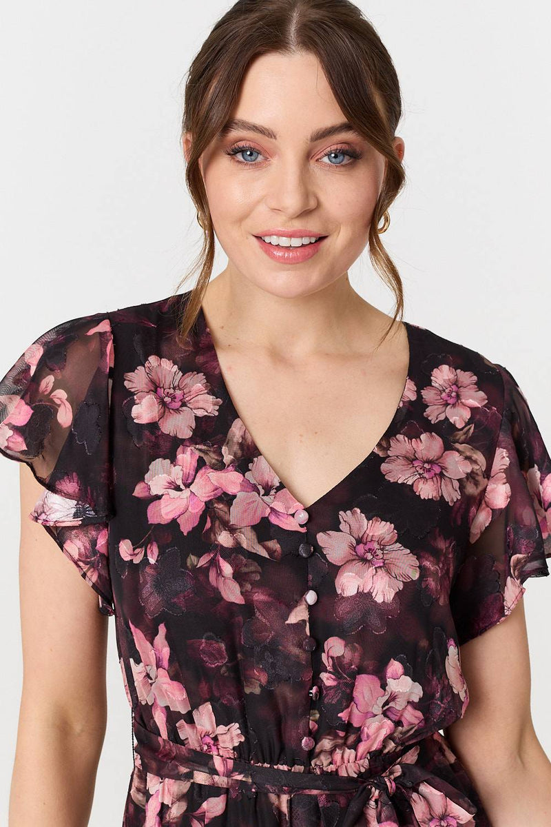 Floral Angel Sleeve Tie Waist Maxi Dress