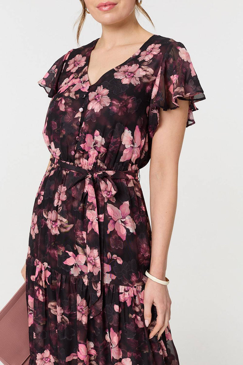 Floral Angel Sleeve Tie Waist Maxi Dress