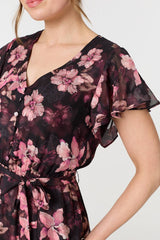 Floral Angel Sleeve Tie Waist Maxi Dress