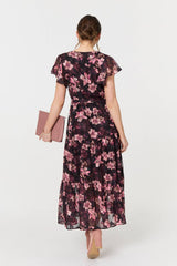 Floral Angel Sleeve Tie Waist Maxi Dress