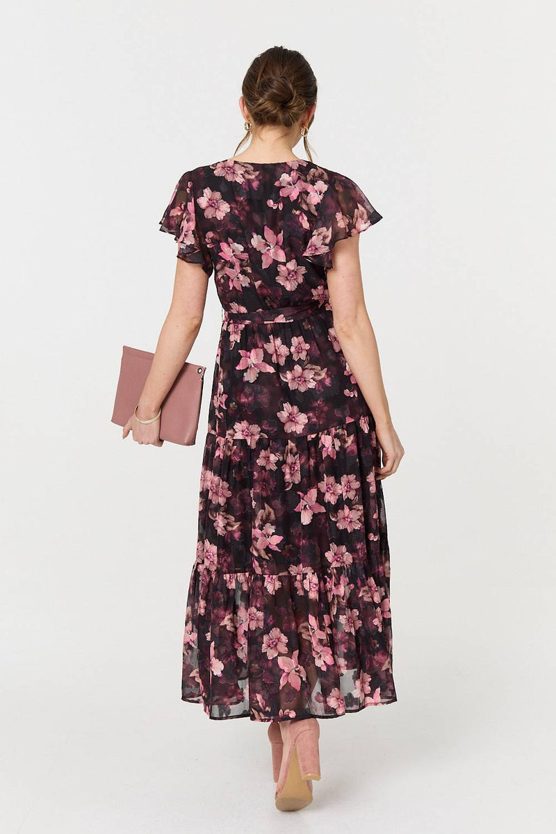 Floral Angel Sleeve Tie Waist Maxi Dress