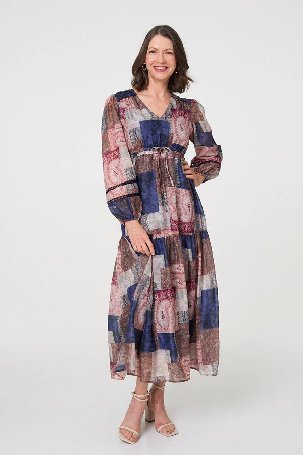 Patchwork Print Empire V-Neck Maxi Dress