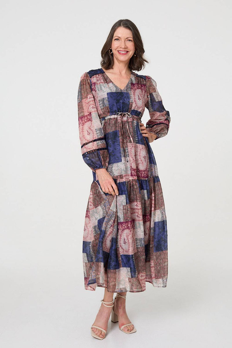 Patchwork Print Empire V-Neck Maxi Dress