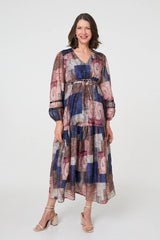 Patchwork Print Empire V-Neck Maxi Dress