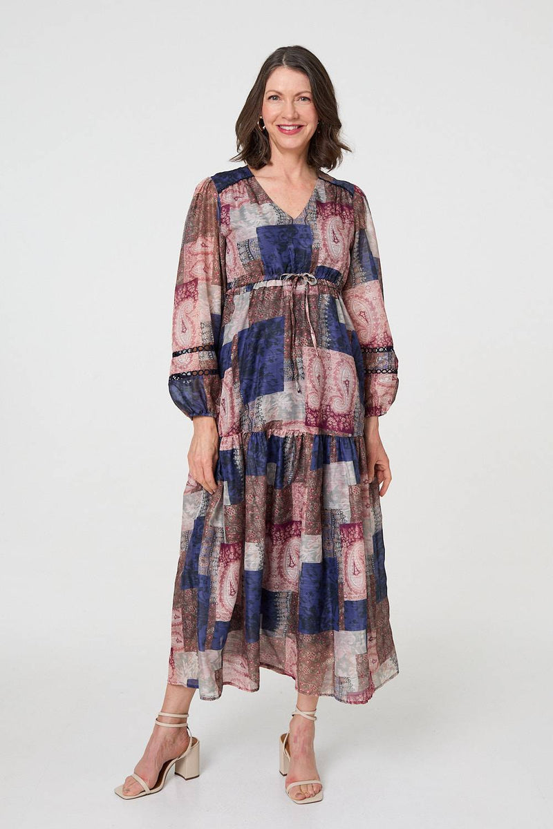 Patchwork Print Empire V-Neck Maxi Dress