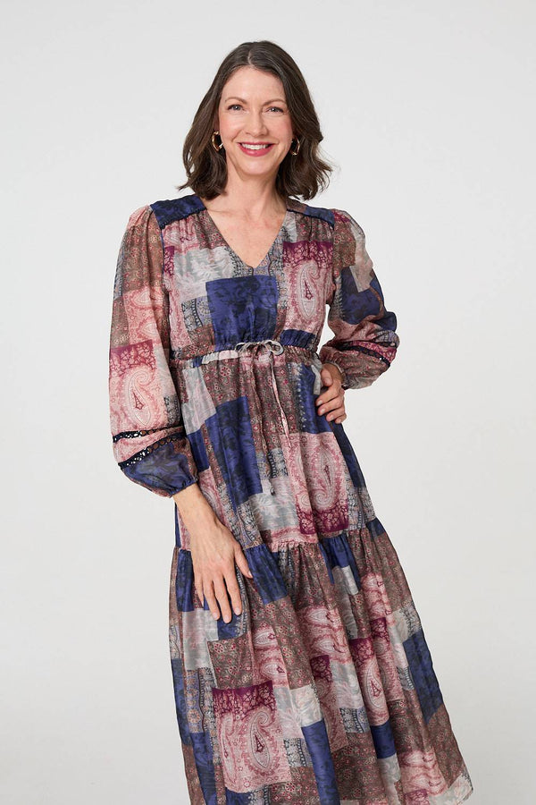 Patchwork Print Empire V-Neck Maxi Dress