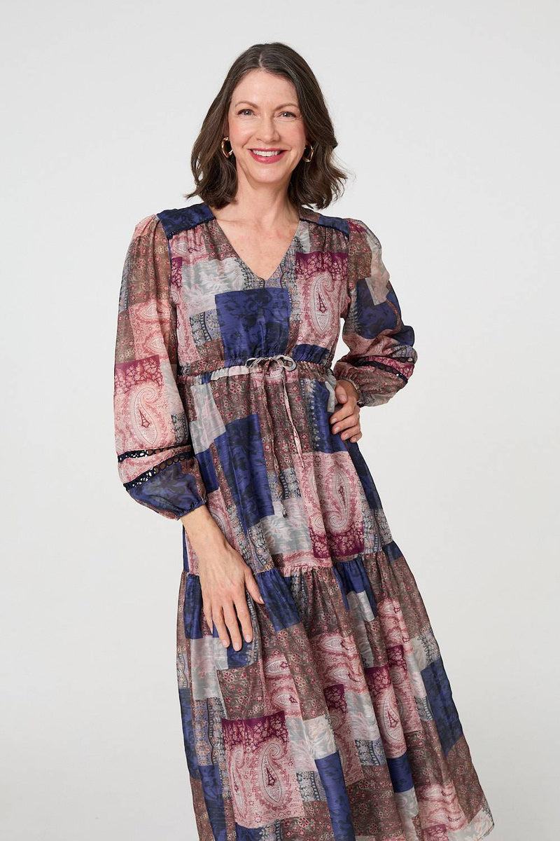 Patchwork Print Empire V-Neck Maxi Dress