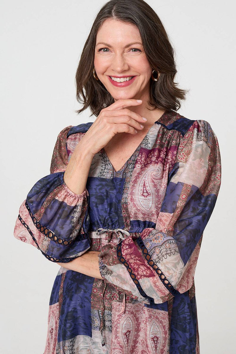 Patchwork Print Empire V-Neck Maxi Dress