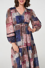 Patchwork Print Empire V-Neck Maxi Dress