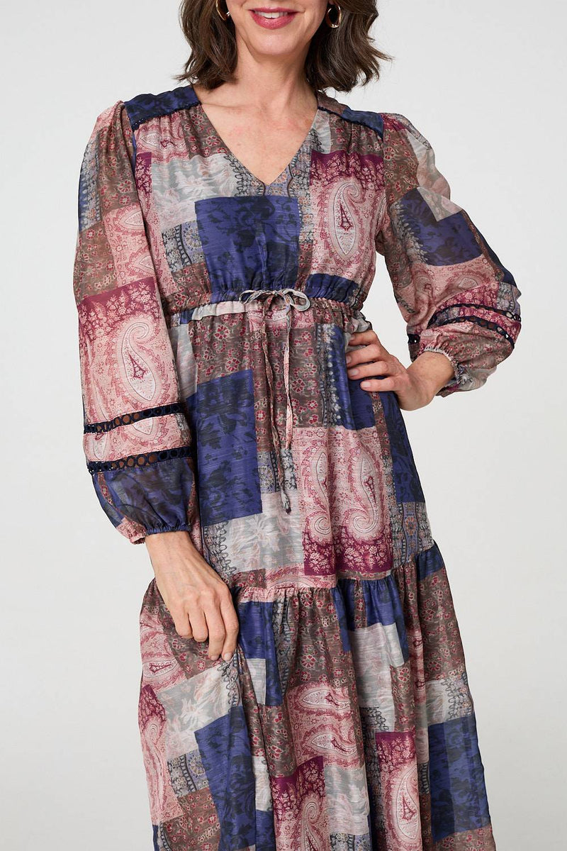 Patchwork Print Empire V-Neck Maxi Dress