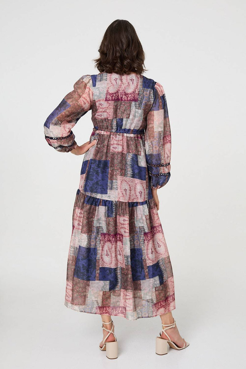 Patchwork Print Empire V-Neck Maxi Dress