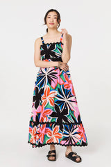 Floral Wave Trim Sleeveless Maxi Dress