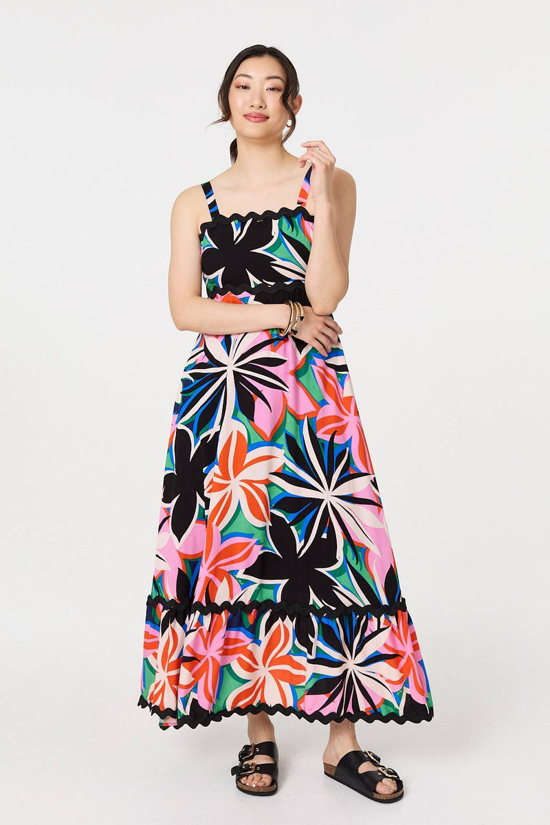 Floral Wave Trim Sleeveless Maxi Dress