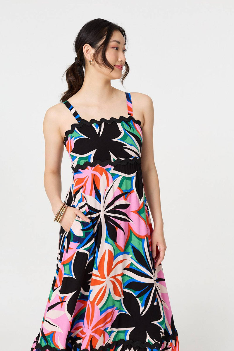 Floral Wave Trim Sleeveless Maxi Dress