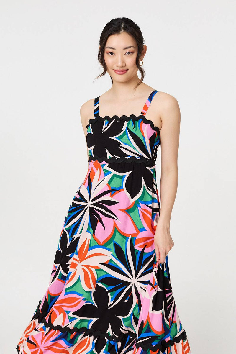 Floral Wave Trim Sleeveless Maxi Dress