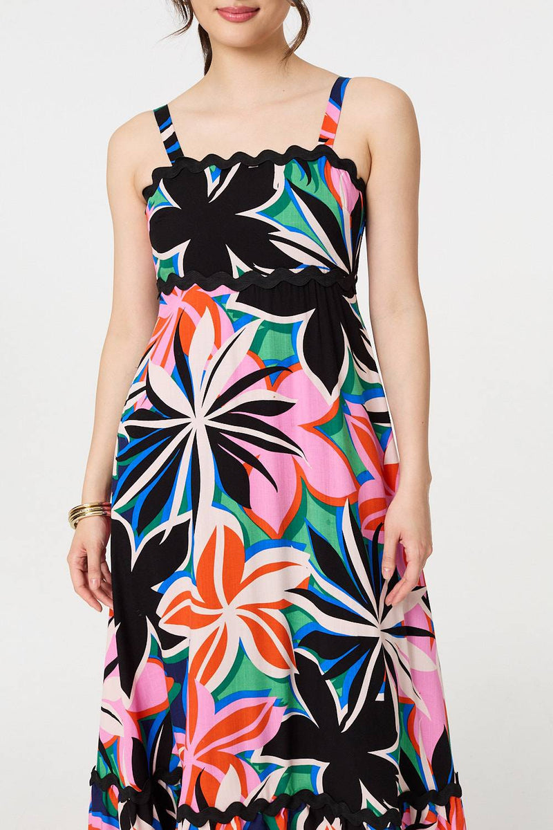 Floral Wave Trim Sleeveless Maxi Dress