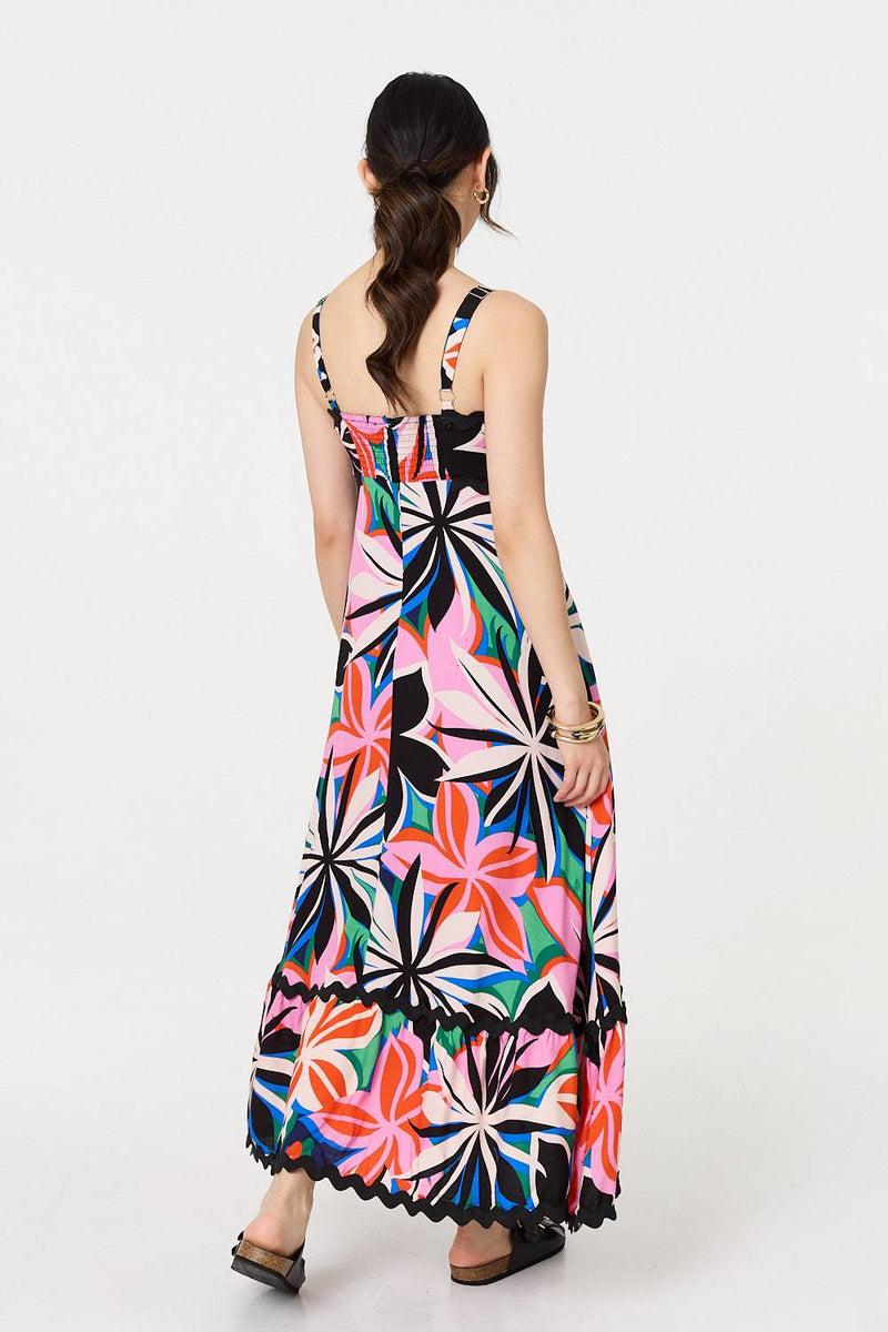Floral Wave Trim Sleeveless Maxi Dress