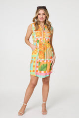 Patchwork Print Sleeveless Short Dress
