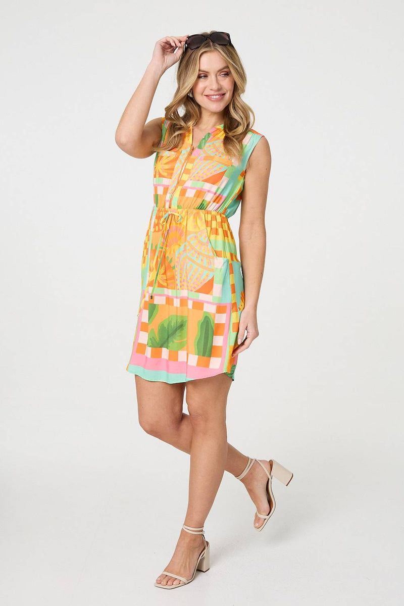 Patchwork Print Sleeveless Short Dress