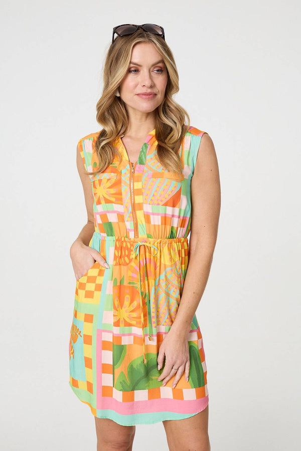 Patchwork Print Sleeveless Short Dress