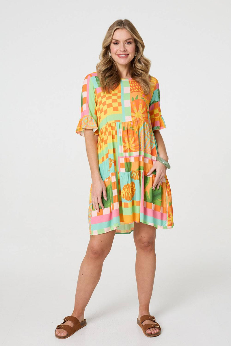 Tropical Tile Print Smock Dress