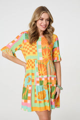 Tropical Tile Print Smock Dress