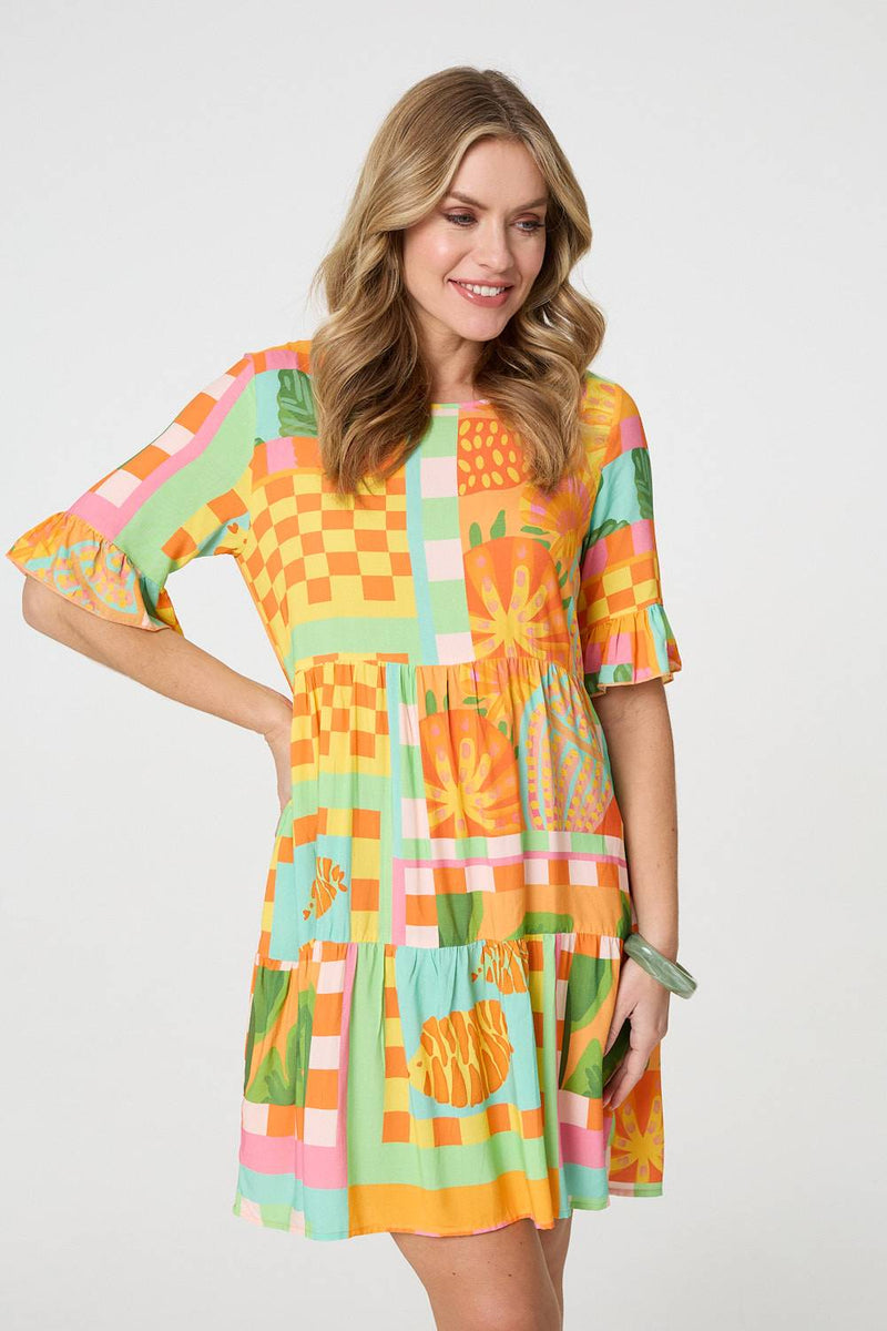 Tropical Tile Print Smock Dress