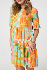 Tropical Tile Print Smock Dress