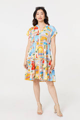 Patchwork Print Knee Length Smock Dress
