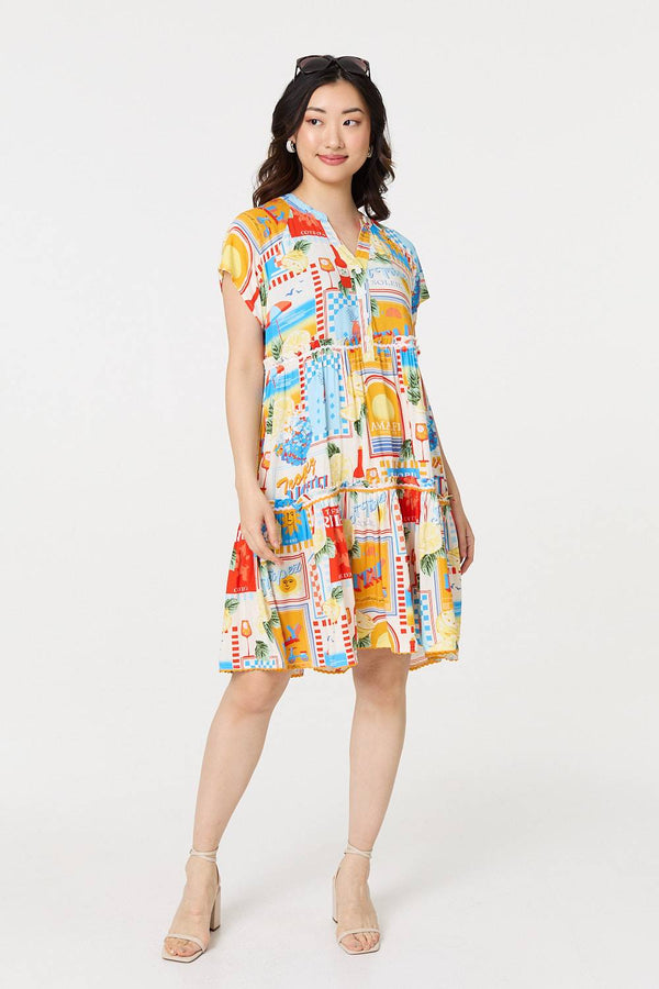 Patchwork Print Knee Length Smock Dress