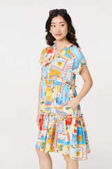 Patchwork Print Knee Length Smock Dress