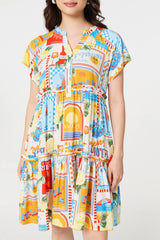 Patchwork Print Knee Length Smock Dress