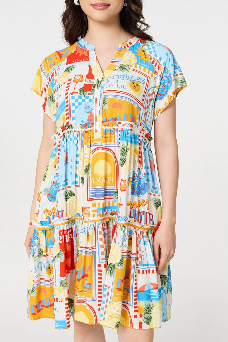 Patchwork Print Knee Length Smock Dress