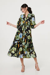 Leaf Print 3/4 Sleeve Shirt Midi Dress