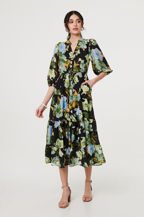 Leaf Print 3/4 Sleeve Shirt Midi Dress