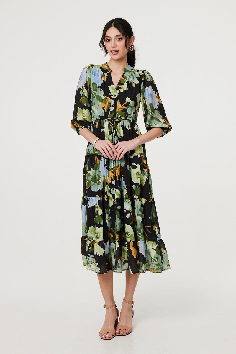 Leaf Print 3/4 Sleeve Shirt Midi Dress
