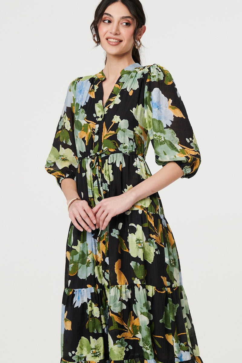 Leaf Print 3/4 Sleeve Shirt Midi Dress