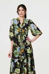 Leaf Print 3/4 Sleeve Shirt Midi Dress