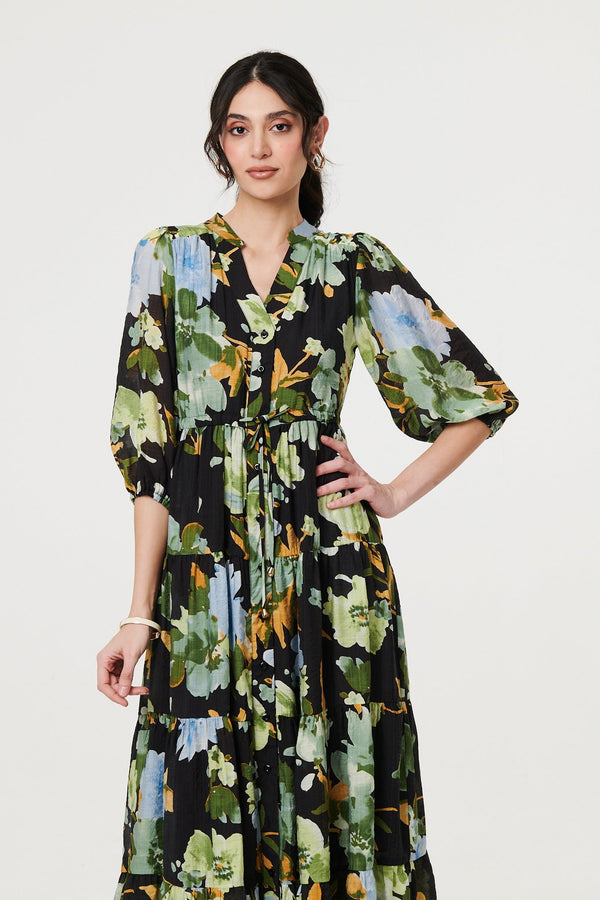Leaf Print 3/4 Sleeve Shirt Midi Dress