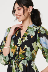Leaf Print 3/4 Sleeve Shirt Midi Dress