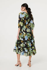 Leaf Print 3/4 Sleeve Shirt Midi Dress