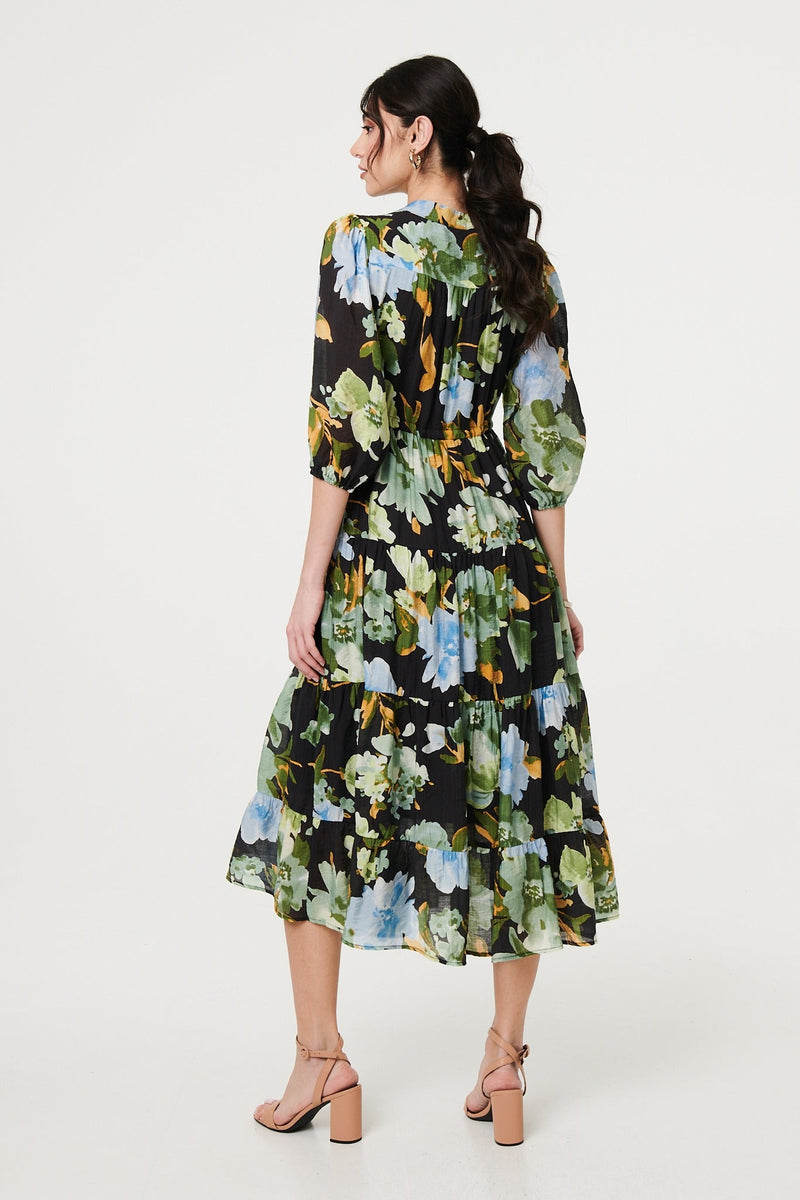 Leaf Print 3/4 Sleeve Shirt Midi Dress