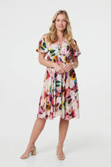 Floral Short Puff Sleeve Midi Dress