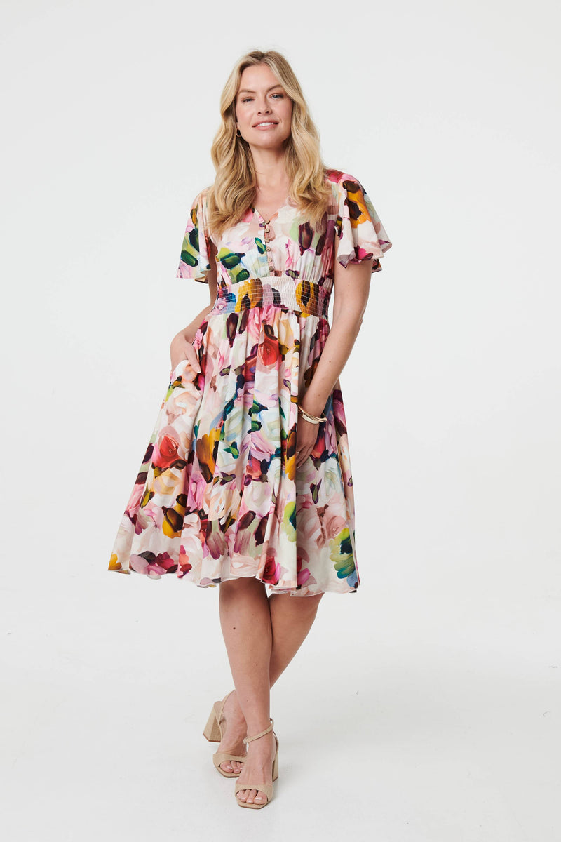 Floral Short Puff Sleeve Midi Dress