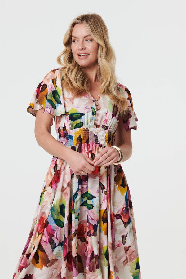 Floral Short Puff Sleeve Midi Dress
