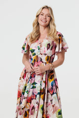 Floral Short Puff Sleeve Midi Dress