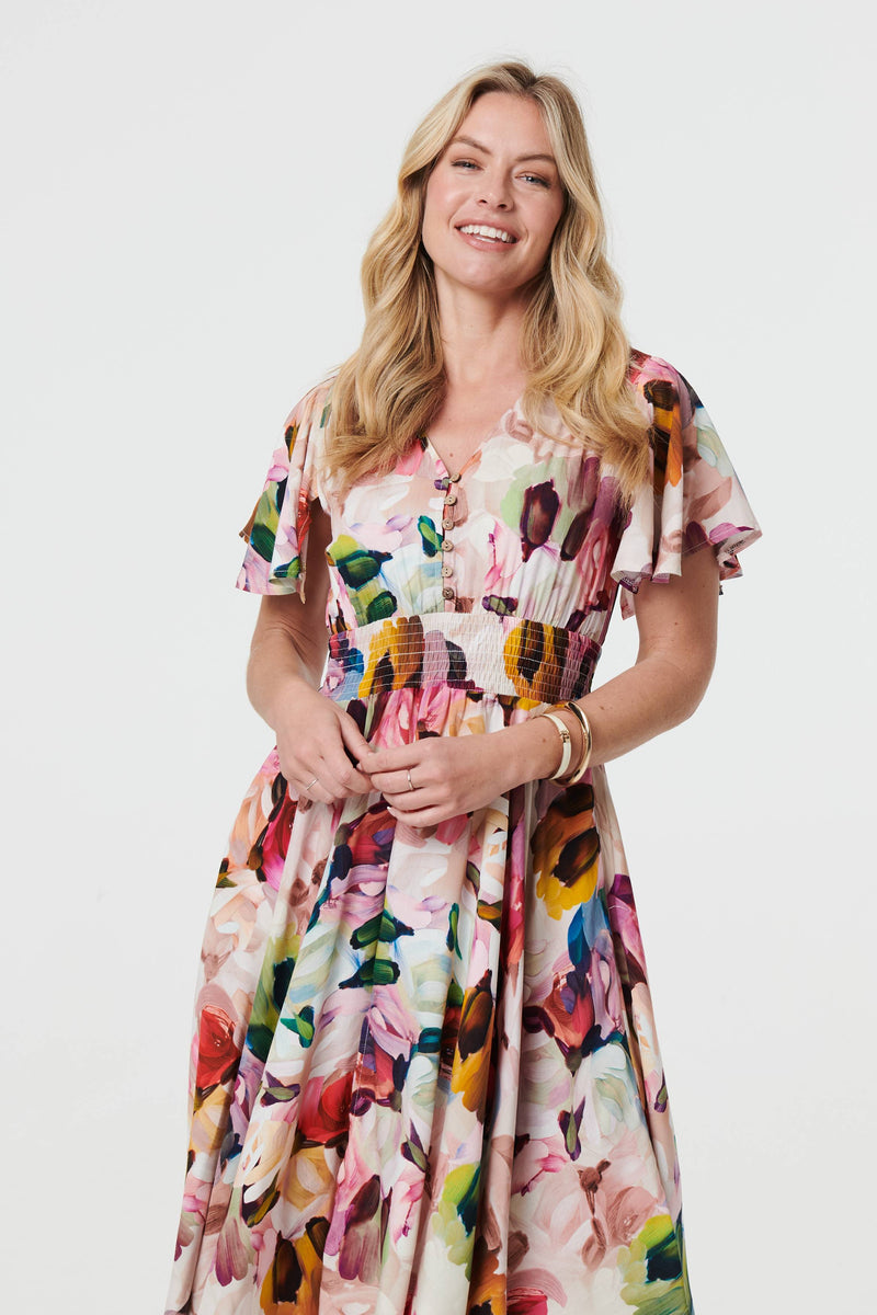 Floral Short Puff Sleeve Midi Dress