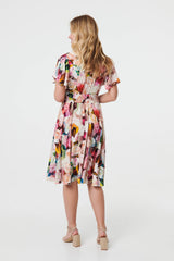 Floral Short Puff Sleeve Midi Dress